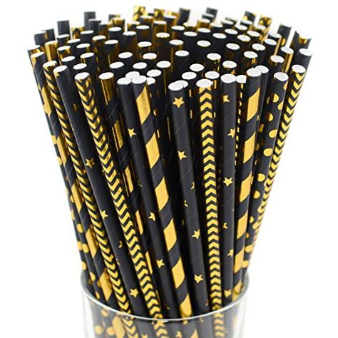 Black And Gold Party Decorations For Men, Black And Gold Graduation Cake, Straws Crafts, Black Gold Baby Shower, Glitter Cake Pops, Gold Theme Birthday, Black And Gold Party Decorations, Cocktail Champagne, Gold Straws