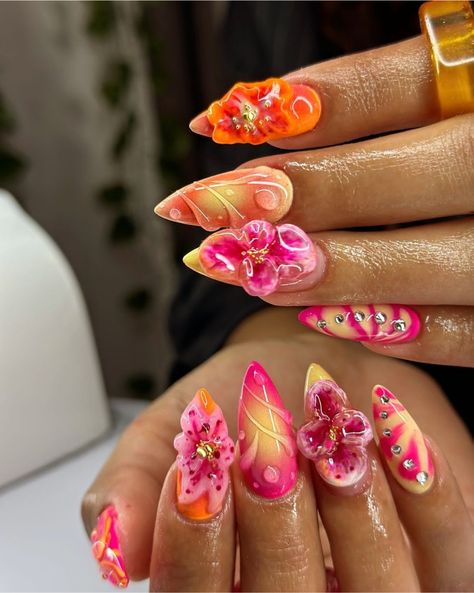 Acrylic Fill Ideas, Orange Pink Yellow Nails, Orange Hawaiian Nails, Tropical Summer Nails, Yellow And Pink Nails, Flower Nails Pink, Tye Dye Nails, Summer Nails Aesthetic, Garden Nails