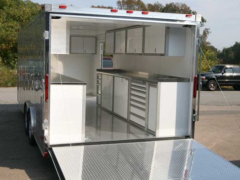 Enclosed Trailer Cabinets, Enclosed Utility Trailers, Trailer Cabinets, Light Cabinets, Garage Photos, Ice Fishing House, Bbq Smoker Trailer, Cargo Trailer Camper Conversion, Tools Organization