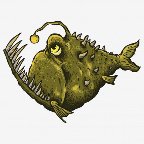 Green big mouth scary fish hand drwaing ... | Premium Vector #Freepik #vector #vintage #water #icon #hand Scary Fish Monsters, Scary Fish Drawing, Angler Fish Art, Under The Sea Images, Scary Sea Creatures, Scary Fish, Deep Sea Life, Monster Fish, Underwater Background