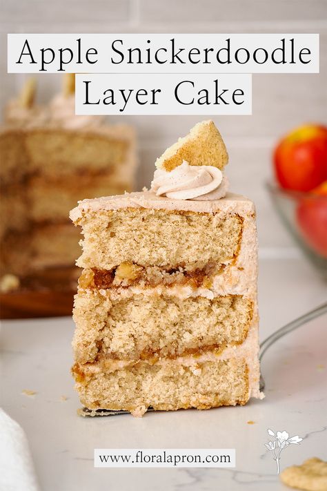 A slice of three-layer cinnamon cake with apple filling. Apple Cinnamon Layer Cake, Apple Cinnamon Spice Cake, Apple Cake From Box Cake, Apple Cake Filling, Apple Cake With Box Cake, Thanksgiving Cake Recipes, Cinnamon Layer Cake, Moist Cinnamon Cake, Apple Snickerdoodle