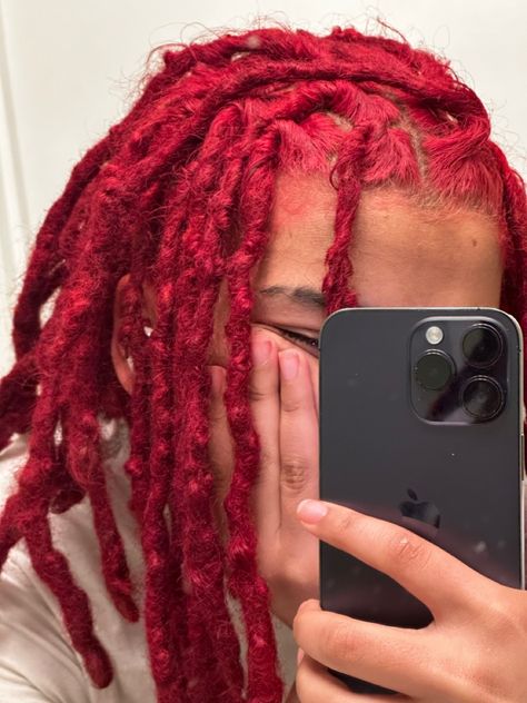 Red And Blonde Locs Men, Dread Color Ideas Locs Dark Skin, Red Dreads Men, Red Dyed Locs Men, Red Locs On Dark Skin Women, Studs With Locs, Red Dyed Locs Black Women, Red Locs, Dreads Black Women