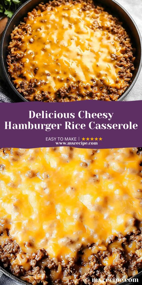 Enjoy every cheesy bite of this delicious hamburger rice casserole, made with ground beef, rice, and a thick layer of melted cheddar. A simple and satisfying dinner! Hamburger And Rice Recipes, Cheesy Rice Casserole, Hamburger Rice Casserole, Hamburger Rice, Leftover Rice Recipes, Ms Recipes, Ground Beef Rice, Cheesy Rice, Easy Hamburger