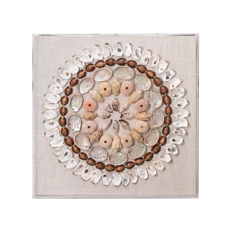 The organic forms of nature are arranged to make sense and symmetry on this piece of artwork. It is displayed in a clear acrylic frame that will float on the wall. The shells are positioned to form a circular pattern on a piece of natural linen in a soft color that resembles the white sand where the shells may wash ashore. Imported. The Handling Fee is $20. Light Pink Walls, Sea Urchin Shell, Seashell Projects, Art Coquillage, Washed Ashore, Jamie Young, Seashell Art, Circular Pattern, Sea Urchin