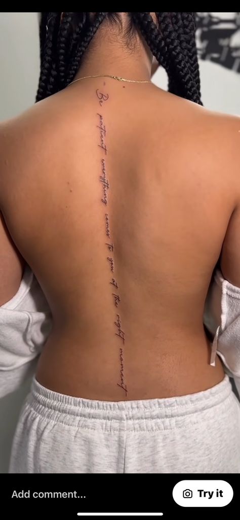 Writing Down Back Tattoo, Spine Tattoos For Women Verses, Spine Tats Black Women, Side Spine Tattoo, Spine Tat Black Women, Sick Spine Tattoos, Back Tattoo Sayings, Bible Quote Spine Tattoo, Spine Tattoos For Women Black Woman