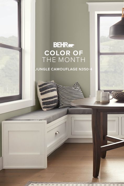 Explore our Color of the Month, Jungle Camouflage, a mellow neutral green. Pair this color with dark or reclaimed metals to give your space a classic antique look. Jungle Camouflage, Green Siding, March Colors, Behr Colors, Color Of The Month, Cozy Breakfast Nook, Black Countertops, Blue Palette, Kitchen Paint Colors