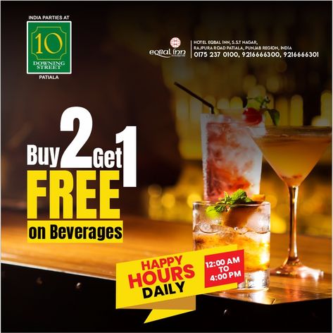 10 downing Street is here to make your happy hours even happier with its Buy 2 Get 1 Free offer on beverages. Visit us between 12 AM to 4 PM daily and avail the offer. #happyhours #beverages #buy2get1free #availtheoffer #celebration #birthdayparties #birthdaycelebration #reception_of_baraat #ringceremony #hotelroom #art #luxury #love #comfort #lifestyle #homesweethome #honeymoonsweet . @officialhoteleqbalinn . #Eqbalinn #partyplace #partyhard #djparty #liveperformance Food Offers Poster, Happy Hours Creative Ads, Happy Hours Poster, Food Offer Creative Ads, Buy 1 Get 1 Free Creative Ads, Buy 2 Get 1 Free Posters Design, Bar Creative Ads, Food Offer Poster Design, Happy Hour Poster Design