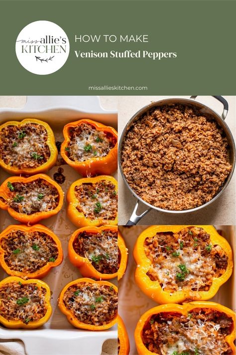 These classic venison stuffed peppers are chock full of perfectly seasoned ground venison, rice, and a rich tomato sauce. Top with a bit of cheese and voila! Elk Recipes, Ground Venison, Venison Recipes, Wild Game, Pheasant, Tomato Sauce, Peppers, Dinner Recipes, Deer