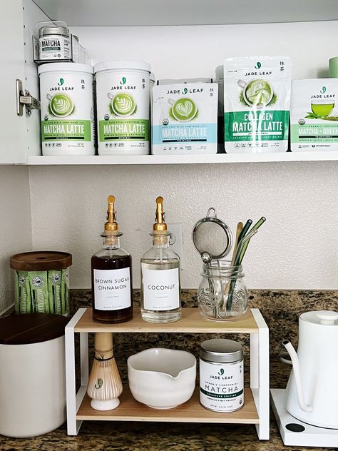 DIY: Dream Matcha Station | Jade Leaf Matcha Matcha Station At Home, Matcha Corner, Matcha Station, Snack Center, Matcha Bar, Jade Leaf Matcha, Coffee Tea Station, Matcha Bars, Small Glass Containers