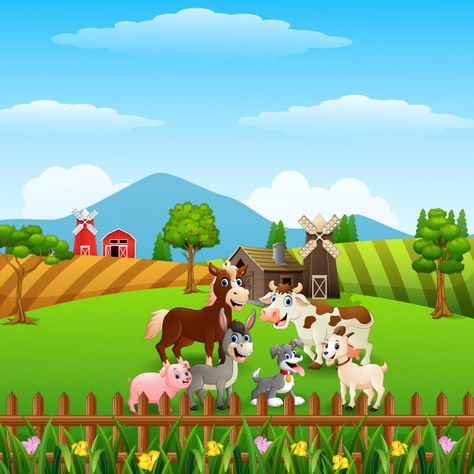 Happy animals at farm background Premium Vector | Free Vector #Freepik #vector #freebackground #freeflowers #freehouse #freesummer Farm Animals Background, Farm Background, Farm Cartoon, Jungle Background, Zoo Birthday Party, E Flowers, Zoo Birthday, Old Paper Background, Birthday Cartoon