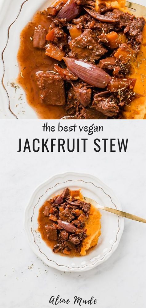 Vegan Jackfruit Stew, Jackfruit Stew, Vegan Mashed Sweet Potatoes, Vegan Stew Recipes, Vegan Winter Recipes, Stew Vegan, Vegan Jackfruit, Canned Jackfruit, Vegan Lunch Box