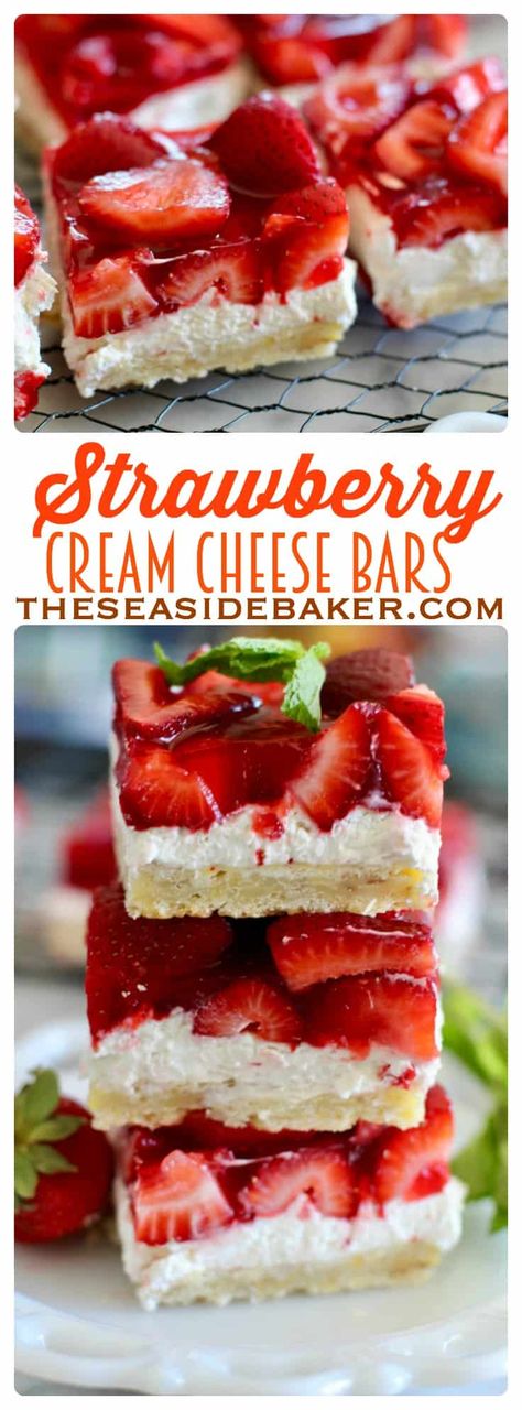 strawberry cheesecake bars Strawberry Cream Cheese Bars, Strawberry Cheesecake Bars, Cheese Bars, Strawberry Bars, Cream Cheese Bars, Dessert Oreo, Cream Cheesecake, Cheese Bar, Strawberry Dessert Recipes