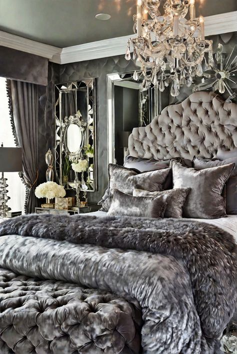 ​ #ad     #Colortrend #wallpaint2024  #color2024  #DIYpainting  ##DIYhomedecor  #Fixhome Metallic Bedroom Ideas, Bed Peace, Lady Lair, Silver Bedding, Glam Bedroom Decor, Black Bedroom Design, Black Bedroom Decor, Silver Bedroom, Luxurious Bedding