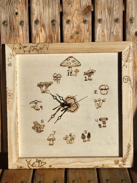 Mushrooms woodburn decor clock Wild Mushroom, Wild Mushrooms, Pyrography, Wood Burning, Stuffed Mushrooms, Clock, Wood, Gifts