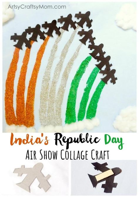 India Republic Day Air Show Collage Craft - This Republic Day, make your own special Air Show at home with this super easy paper collage craft! Indian Flag Craft For Kids, Republic Day Activities For Kids, Republic Day Craft Ideas For Kids, Republic Day Decoration In School, Republic Day Craft, Independence Day Crafts, India Republic Day, Independence Day Activities, Collage Craft