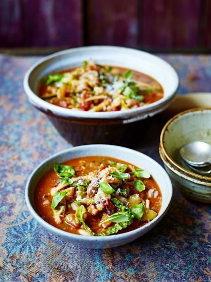 Classic minestrone soup | Vegetables recipes | Jamie Oliver Classic Minestrone Soup Recipe, Chard Recipes Healthy, Swiss Chard Recipes Easy, Swiss Chard Recipes, Minestrone Soup Recipe, Chard Recipes, Jamie Oliver Recipes, Delicious Soup Recipes, Minestrone Soup