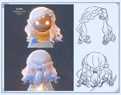 Ice Hair Drawing, Hair Shine Drawing, Cloud Hair Character Design, Flying Hair Drawing, Sky Cotl Hairstyle, Hair Lighting Reference, Sky Cotl Hair, Cloud Hair Drawing, Sky Children Of The Light Hairstyles