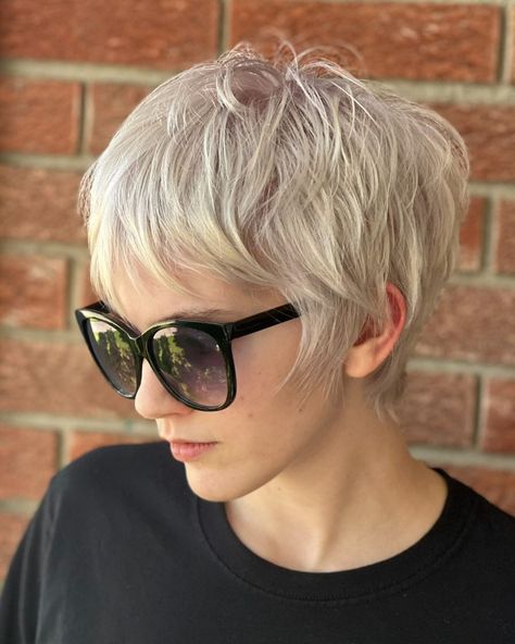 We love a good pixie 🧚🏻‍♀️ Work by @amygodbehair #smokeandhoneysalon #bigrapidssalon #pixiecut | Instagram Short Pixie Blonde Hairstyles, Pixie Geldof Short Hair, "mixie" Haircut, Wispy Pixie Cut, Silver Pixie Haircut, Pixie Cut With Fringe, Shag Pixie Cut, Platinový Blond, Ash Blonde Pixie