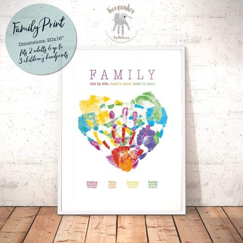 UNFRAMED or FRAMED Handprint Family HeartA beautiful keepsake, using your family's actual handprints.This design fits a 20x16" frame. Smaller version also available. Handprints will be kept lifesize wherever possible. Handprint Heart, Family Handprint, Family Hand Prints, Family Art Projects, Personalized Family Print, Handprint Keepsake, Personalised Family Print, Personalized Family Gifts, Hand Heart