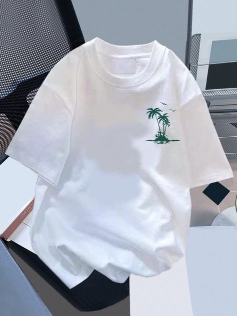 White Casual Collar Short Sleeve Knitted Fabric Letter,Tropical,Plants  Embellished Slight Stretch Summer Tween Boys Clothing Palm Tree Shirt, Blazer Outfits Casual, Cute Nike Outfits, Palm Tree Pattern, Short Men Fashion, Korean Casual Outfits, Khaki Fashion, Casual Day Outfits, Tomboy Style Outfits