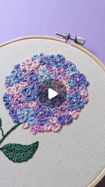 Hayley on Instagram: "Lots of woven roses for this hydrangea embroidery 💜  #makersofig #makersofinstagram #modernembroidery #broderie #broderiemoderne #handstitchedhoops #handembroidery #embroideryinstaguild #embroiderersofinstagram #embroidelicious #embroideryinspiration #embroiderydesign #embroiderydesign #springembroidery #stitchyfriends #stitchersofinstagram #stitchersgonnastitch #creativehobbies #craftwithme" Hydrangea Embroidery, Stitches Embroidery, Sewing Stitches, Modern Embroidery, Creative Hobbies, Embroidery Inspiration, Artist On Instagram, May 11, Stitch Embroidery