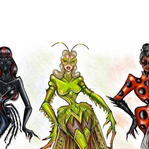 Hayden Williams on Instagram: "Insects, but make them…FASHION!! The #LesInsectes collection by Hayden Williams, inspired by #ThierryMugler. Which look is your fave? 🖤💚❤️ #Insects #Mugler #BlackWidow #Spider #PrayingMantis #Ladybird #Ladybug #Halloween #DressUp #SpookySeason" Insect Fashion, Ladybug Halloween, Hayden Williams, Insects