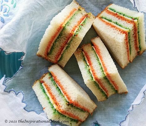 The Inspirational Nook: (VIDEO) Tricolour Triangle Tea Sandwiches Sandwiches Afternoon Tea, Eggplant Relish, Chutney Sandwich, Cold Sandwich Recipes, Cold Sandwiches, Indian Independence, Bread Art, Mini Sandwiches, Finger Sandwiches