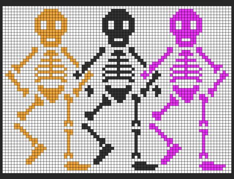 Cross Stitch Skeleton Pattern, Skeleton Perler Bead Patterns, Alpha Patterns Crochet Halloween, Cross Stitch Silhouette Pattern, Cross Stitch Skeleton, Skeleton Alpha Pattern, Alpha Pattern Halloween, Halloween Grid Pattern, Fun Cross Stitch Patterns