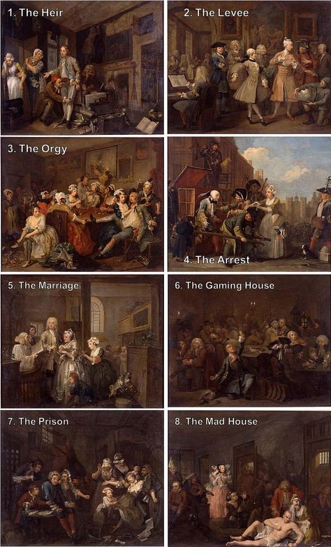 William Hogarth, A rake's progress (1733) "The eight paintings in William… Hogarth Paintings, William Hogarth Paintings, Edmund Leighton Paintings, Hieronymous Bosch Paintings, William Holbrook Beard Paintings, Robert Finale Paintings, William Hogarth, Thomas Gainsborough, Joseph Mallord William Turner