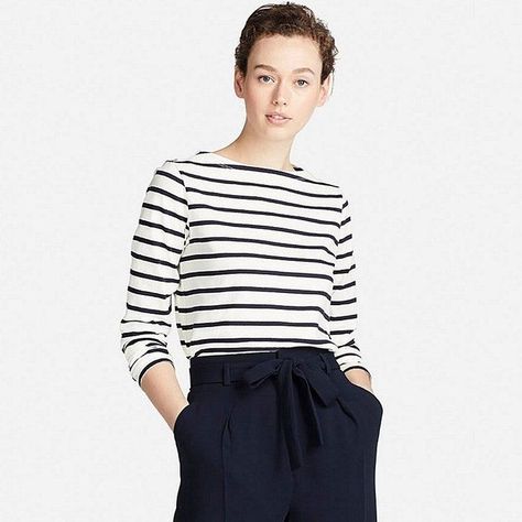 UNIQLO Women's Striped Boat Neck Long-sleeve T-Shirt Formal Fashion Women, Womens Fashion Casual Chic, Paris Trip, Womens Fashion Casual Spring, Womens Fashion Casual Summer, Nice Outfits, Office Outfit, Uniqlo Women, Womens Fashion Edgy