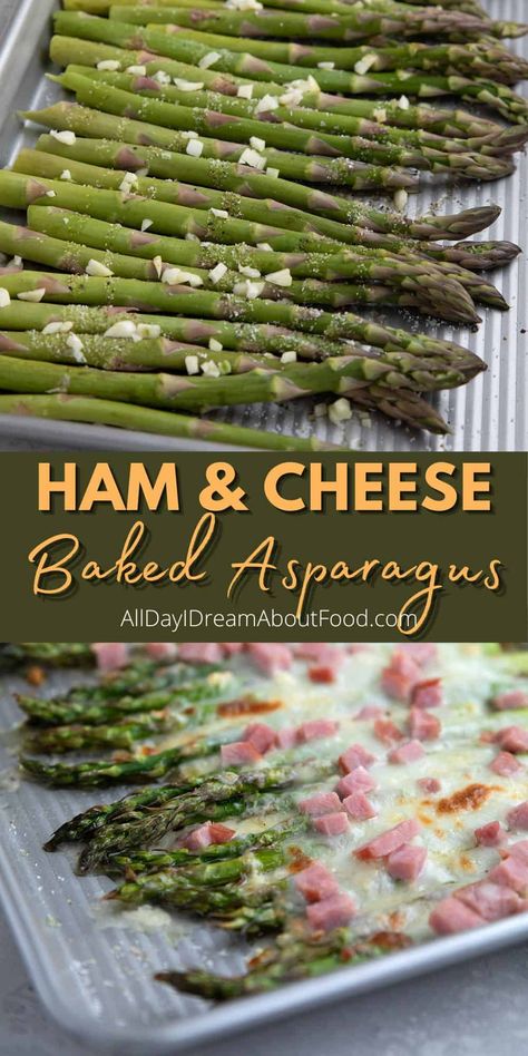 This cheesy Baked Asparagus recipe takes the stalky spring vegetable to new heights. Roasted to perfection and smothered in melted cheddar and ham, it's one of my favorite keto sides. Cheesy Baked Asparagus, Keto Asparagus, Ham Leftovers, Keto Veggies, Keto Vegetables, Creamy Pasta Bake, Creamed Asparagus, Keto Sides, Asparagus Recipes