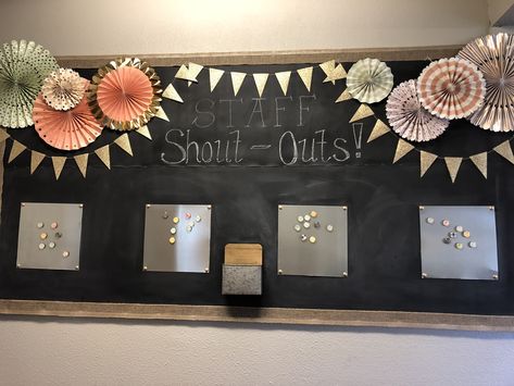 Made this for our schools staff shout out board. Covered a pin board with Chalk Board fabric. Added magnetic boards with over-sized thumb tacks and created cute magnets to go with the embellishments. Office Shout Out Board Ideas, Thumb Tack Board Ideas, Shout Out Board, Staff Shout Outs, Staff Shout Out Bulletin Board, Shout Out Board Employee, Staff Shout Out Board, Recognition Board Workplace, Office Bulletin Board Ideas Workspaces