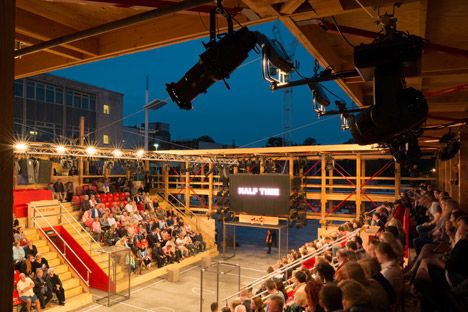 Playing Field theatre by Assemble borrows from stadium architecture Highschool Design, Learning Garden, Inclusive Playground, Ship Yard, Tactical Design, Southampton England, Street Theatre, Truss Structure, Stadium Architecture