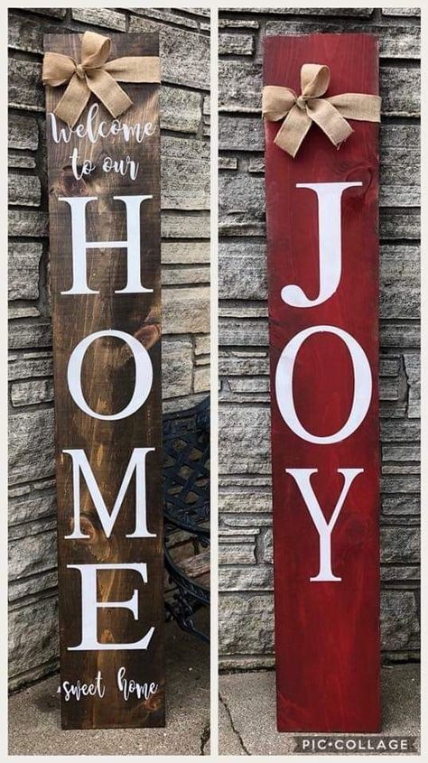 Christmas Signs Diy Front Porches, Wooden Christmas Welcome Signs, Winter Diy Signs, Holiday Welcome Signs Front Doors, Holiday Signs Diy, Xmas Porch Signs, Diy Christmas Welcome Sign, Wood Porch Signs Diy, Joy Wooden Signs Christmas Crafts