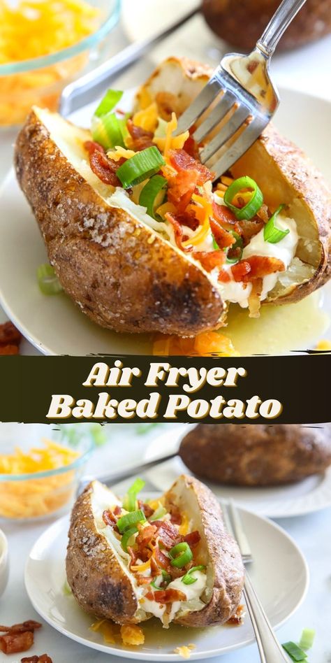 This Air Fryer Baked Potato is cooked to perfection. Crispy skin on the outside and a light and fluffy inside, this side will taste great with all your favorite meals – or even be the main dish! Air Fryer Baked Potato, Making Baked Potatoes, Loaded Baked Potato, Dried Potatoes, Baked Potato Recipes, Air Fry Recipes, Loaded Baked Potatoes, Easy Air Fryer, Food Stamps