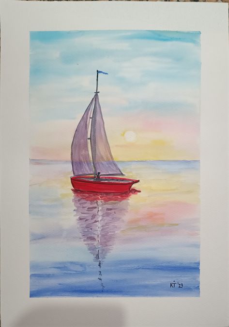 My original watercolor painting of red boat on sailing. A3 format on Fabriano 300g paper Sailing Watercolor, Sailing Boat Painting, Watercolor Boats, Watercolor Boat, Watercolour Ideas, Boat Drawing, Learn Watercolor Painting, Learn Watercolor, Sailboat Painting