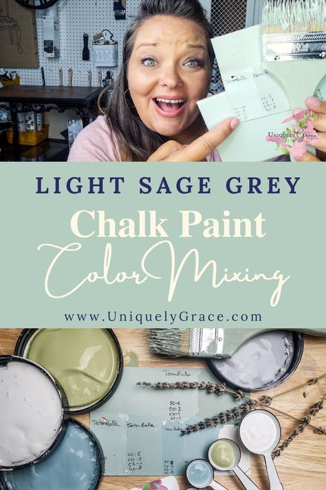 Color mixing this Light Sage Grey can be easier than you think. Here is how I custom mixed my own to create this soft and sweet neutral. Check out this blog post and how to video on this CUSTOM MIXED COLOR! Re-Pin & Read! Designer Paint Colors, Grey Chalk Paint, Color Recipe, Valspar Colors, French Country Blue, Gray Chalk Paint, Color Mixing Chart, Furniture Flipping, Chalk Paint Colors