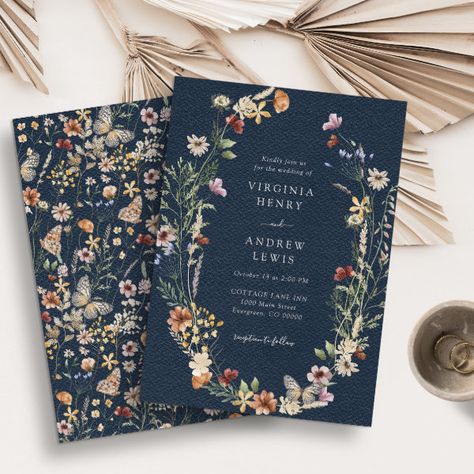 Navy Blue Wildflower Wedding Invitation Flower Pattern Simple, Blue Wildflower Wedding, Wildflower Wedding Theme, Botanical Wreath, Blue Wedding Invitation, Boho Wildflower, Wildflower Wedding Invitations, Navy Blue Wedding Invitations, Watercolor Wildflowers