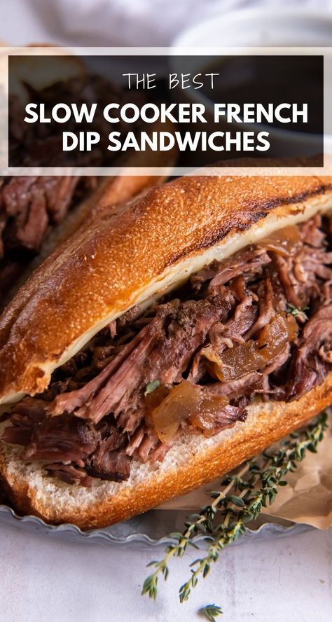 Slow Cooker French Dip Sandwiches are savory, comforting and so easy to make. With tender beef, melted cheese and a side of au jus for dipping, this toasty sandwich makes the best meal! #frenchdip #frenchdipsandwiches #slowcookerfrenchdipsandwiches #bestfrenchdip #beef #beefsandwiches #dinner Slow Cooker Italian Beef Sandwiches, Slow Cooker French Dip Sandwiches, Leftover Roast Beef Recipes, French Dip Sandwich Crockpot, French Dips, Italian Dip, French Dip Recipes, Slow Cooker French Dip, Hot Sandwiches