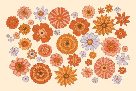 70s flowers. Hippie aesthetic vector illustration. Set of floral elements in the retro style of the 70's, 60's. Boho chic floral background. Flover power.Groovy design. Modern Hippie Bedroom, 70s Flower Wallpaper, 70s Hippie Aesthetic, 70s Aesthetic Wallpaper, Aesthetic Vector, 70s Flowers, Bohemian Pictures, Tree Drawings Pencil, Hippie Aesthetic