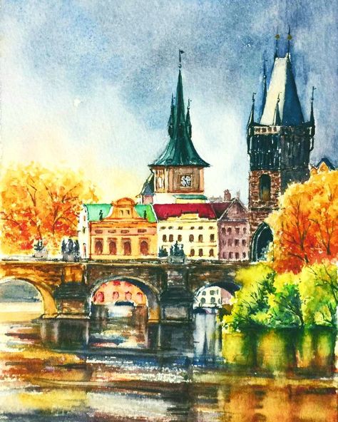 Praha Prague, Watercolor Architecture, Beautiful Scenery Pictures, Diy Watercolor Painting, Landscape Paintings Acrylic, Cityscape Art, Landscape Art Painting, Watercolor Images, Travel Tourism