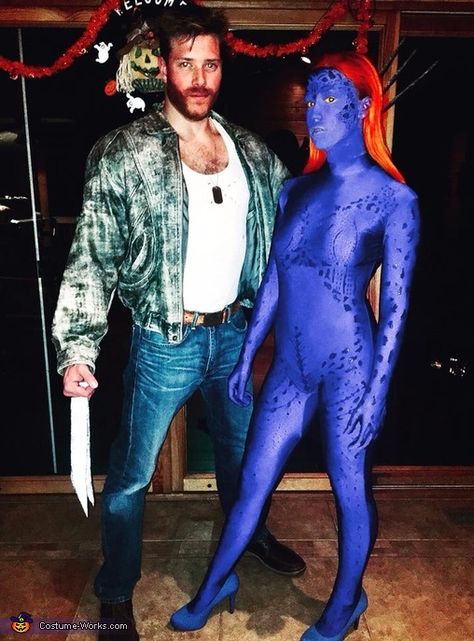 Taylor: My boyfriend and I dressed up as X-Men characters Wolverine and Mystique. These costumes are completely DIY and were not store bought. For him, the clothing items all came from... X Men Couple Costume, Wolverine And Mystique, Hero Villain Costume Couples, Mystique Xmen Costume, Wolverine Couple Costume, X Men Costumes Women, X Men Halloween Costumes, Xmen Costumes, Xmen Costume