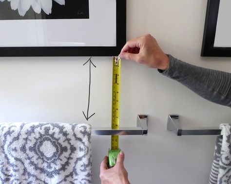 make Two Towel Bars On Same Wall, Towel Bar Placement, Towel Bars In Bathroom, How To Hang Towels, Picture Hanging Height, Picture Hanging Tips, Hanging Bath Towels, Hang Towels In Bathroom, Toilet Pictures