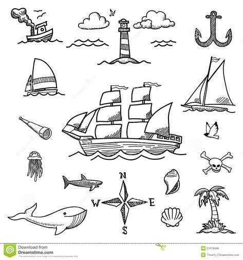 Ship Doodle Easy, Fantasy Map Boat, Cute Map Drawing, How To Draw Ship, Sea Doodle Art, Pirate Boat Drawing, Ocean Doodles Simple, Pirate Doodles, Island Doodle