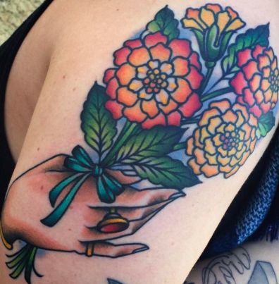 Traditional Marigold Tattoo, Dahlia Flower Tattoos, Traditional Tattoo Reference, Marigold Tattoo, Dahlia Tattoo, Traditional Tattoo Flowers, Tribute Tattoos, Timeless Tattoo, Ancient Tattoo