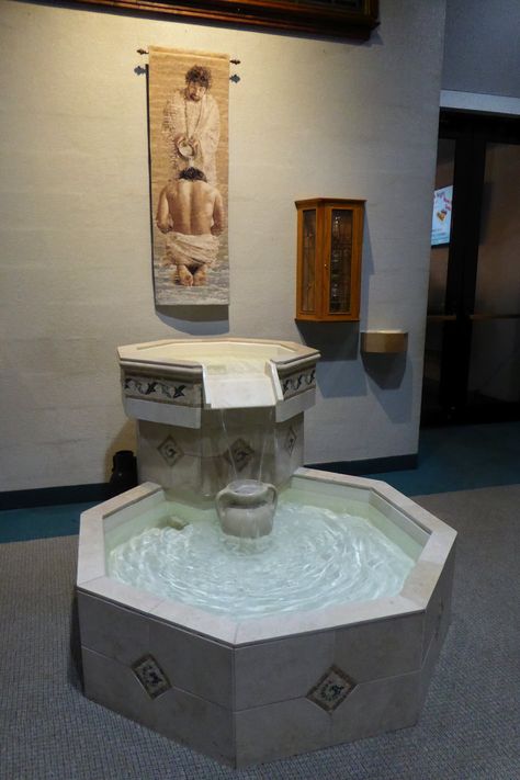 St. Mary, Cause of Our Joy Catholic Church, Westland MI.  The baptismal font is located at the back of the church. Sierra Simone, Baptismal Font, Church Furniture, Religious Architecture, Palm Sunday, Holy Water, Church Decor, St Mary, Simple Things