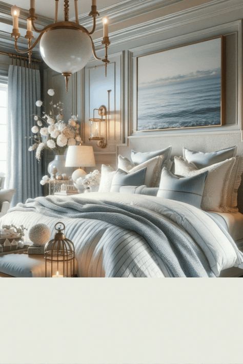 Step into the serene world of Coastal Hamptons Style with our latest bedroom decor video. Get a glimpse into the tranquil elegance of Hamptons living, where luxury meets the laid-back coastal vibe. Our featured bedroom ideas showcase a palette of soothing whites, creams, and soft blues, creating a peaceful retreat that echoes the calming tones of the seaside. Plush bedding, sophisticated furniture lines, and tasteful nautical accents blend to form an inviting and chic space. #Coastal Hamptons Coastal Hamptons Style Bedroom, Hampton Bedroom Ideas, Hamptons Style Bedrooms, Hamptons Style Bedroom, Blue And Cream Bedroom, Coastal Hamptons Style, Luxury Bedroom Interior Design, Hamptons Style Decor, Nautical Decor Bedroom