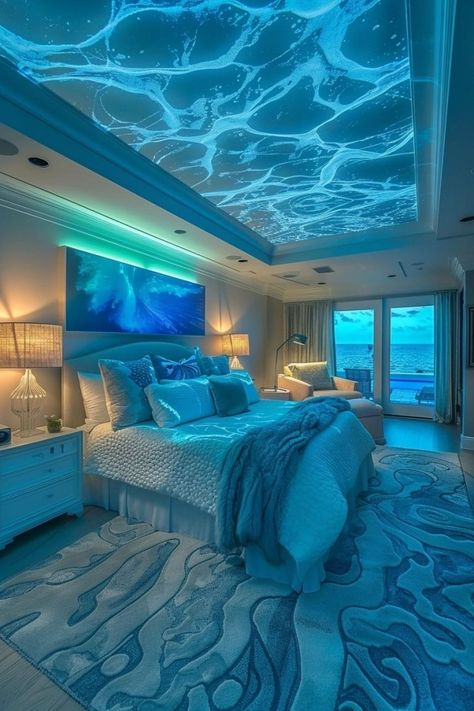 Ocean Wave Projectors offer a dynamic and soothing bedroom lights aesthetic by simulating the gentle movement of ocean waves on the ceiling and walls. This unique lighting solution is perfect for those who find inspiration and relaxation by the sea and wish to incorporate that feeling into their bedroom decor. The projector can also include sound features that complement the visual experience with calming sea noises, enhancing the overall ambiance. It’s an ideal choice for creating a dreamy, tranquil atmosphere conducive to sleep and relaxation. Discover more about incorporating ocean wave projectors into your bedroom for a nightly seaside escape. Bedroom Lights Aesthetic, Ocean Bedroom Aesthetic, Sea Room Aesthetic, Ocean Room Aesthetic, Beach Bedroom Aesthetic, Sea Bedroom Ideas, Ocean Theme Bedroom, Ocean Inspired Bedroom, Pirate Bathroom