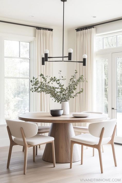 Neutral modern dining room decor with round wood dining table and dining chairs Scandinavian Interior Dining Room, Dining Room Design Round Table, Modern Round Dining Room Table, Neutral Dining Room Decor, Round Dining Table Decor, Fall Bedroom Ideas, Tiny Dining Rooms, Neutral Dining Room, Cozy Fall Bedroom