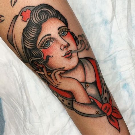 True Love Tattoo on Instagram: "Smoking Nurse by @tarynthetattooist . For bookings and inquiries please email truelovetattooing@gmail.com . . . . #truelovetattoo #traditionalnursetattoo #nursetattoo #traditionaltattoo #girlheadtattoo #southafrica #southafricantattooartist #johannesburgtattooartist #tattooartist" Neotraditional Nurse Tattoo, Traditional Nurse Tattoo, Traditional Tattoo Nurse, Nurse Pinup, Thigh Tats, True Love Tattoo, Trad Tattoos, Thigh Tat, Nurse Tattoo